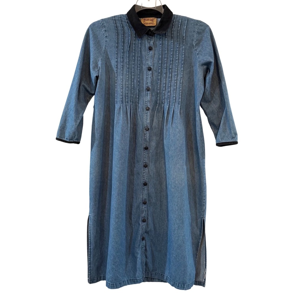 Vintage Denim Midi Dress Prairie Made in USA 90s Cottage Cotton Plus Petite 14